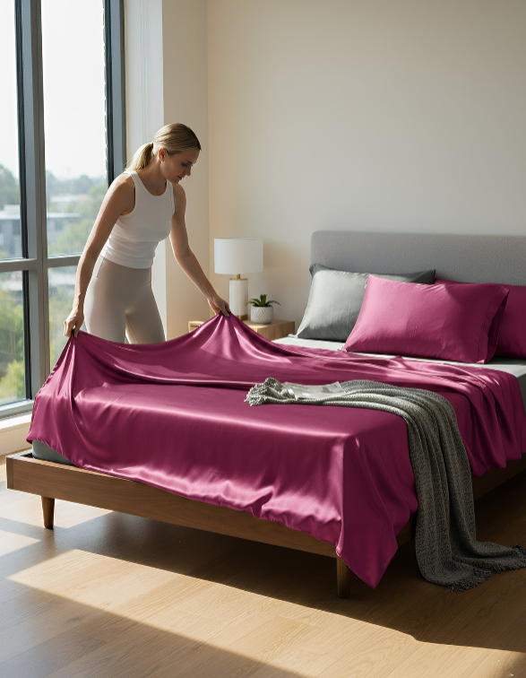 Anycozy Beddings Magenta AU Queen Size 3 Pcs High End Satin Smooth Duvet Cover Set Luxury Polyester Silky Soft Cozy Bedding Set