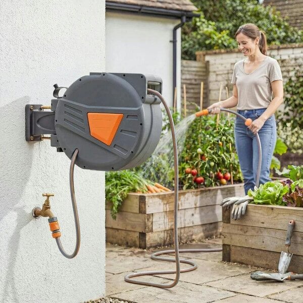 Bobobiy Retractable Hose Reel Wall Mounted, 20+1.6m Garden Hose Pipe Reel with Auto Retraction, Self-Locking, Orange - Orange