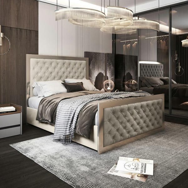 Casa Magna Maddison Upholstered Soft Velvet Metal Bed Frame - Cream