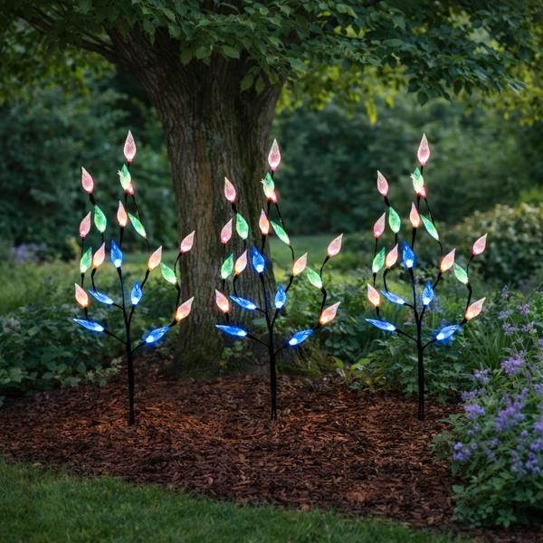 Gardenwize Pack of 3 Multi-Coloured LED Solar Tree Lights – Outdoor Garden Stake Lights