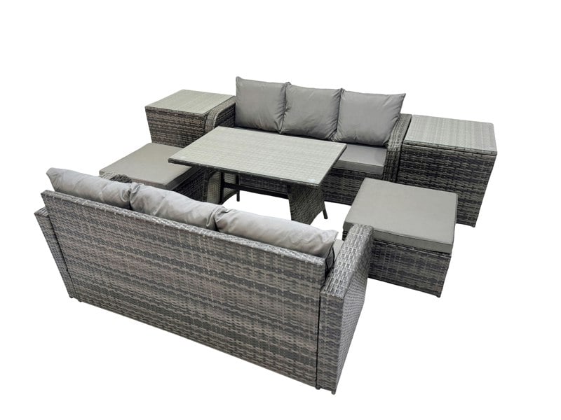 Fimous Garden Rattan Outdoor Furniture Set 8 Seater with 3 Seater Sofa 2 Side Table 2 Big Stools Dark Grey