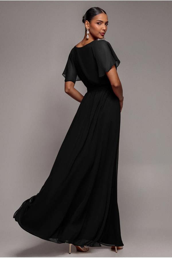 Chiffon Flutter Sleeve Wrap Maxi Dress - Black DR2486D
