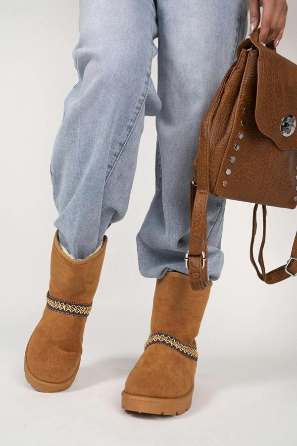 Karsie Suedette Embroidered Flat Ankle Boots - Chestnut