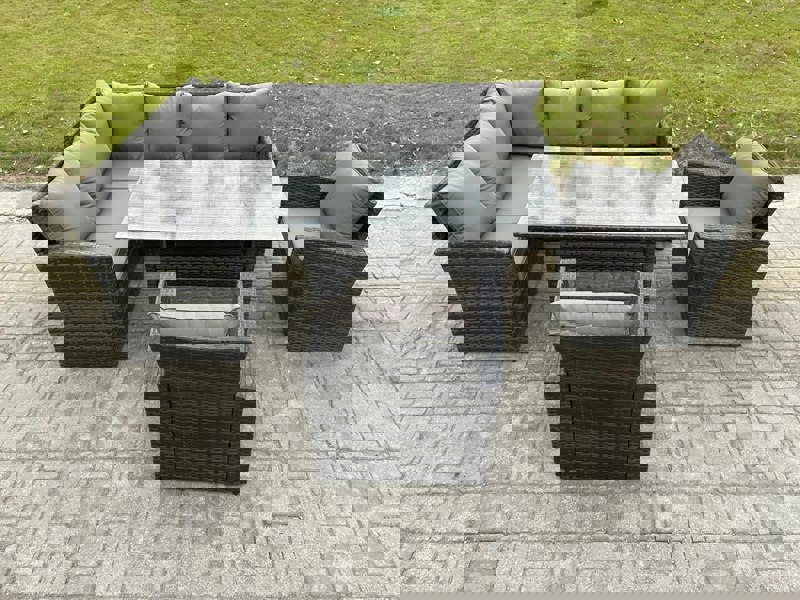 Fimous 8 Seater Outdoor Rattan Garden Furniture Set with Rectangular Dining Table 2 Armchairs Patio Wicker Corner Sofa Set Dark Grey Mixed