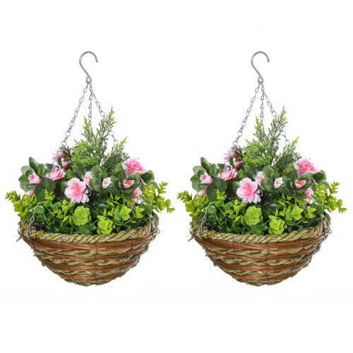 Wyld Haus Fifi Set Of 2 Hanging Artificial Lisianthus Flower Displays In Pink And Green