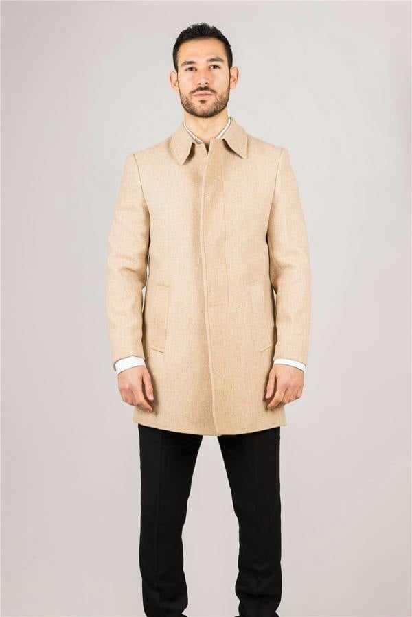 Infinity Leather Men's Wool Blend Classic Collar Beige Overcoat