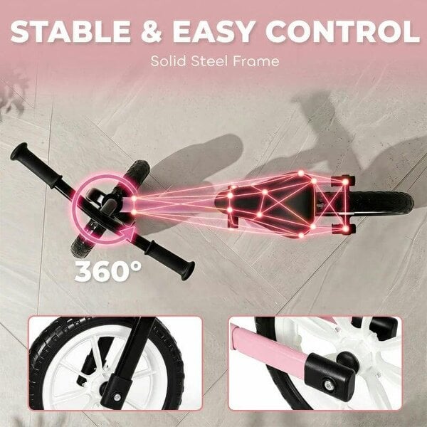 11.2" Balance Bike for 2-5 Years, Toddler Bike with Lighting Wheels, Adjustable Seat & Handlebar, 360° Steering, Pink