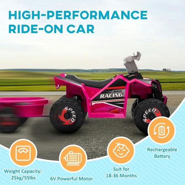 Pink ride-on quad bike with rear trailer and black seat on an outdoor road