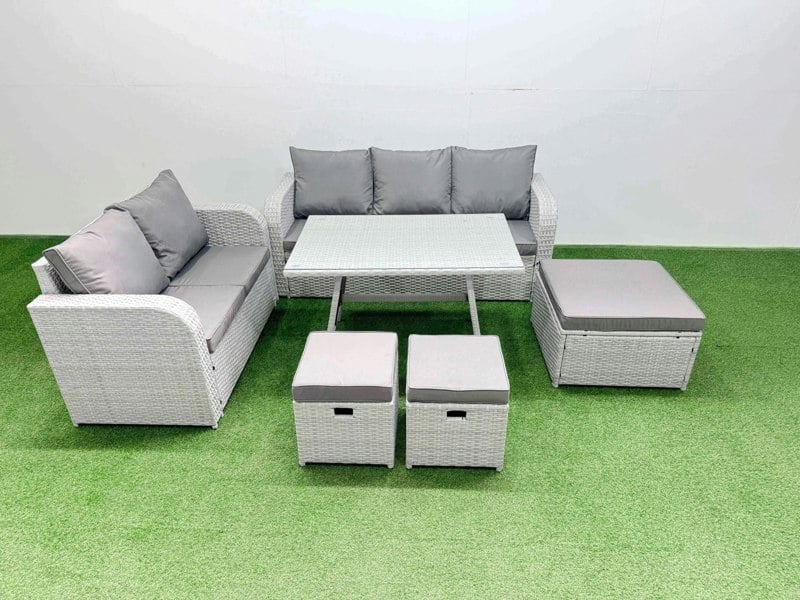 Fimous Outdoor PE Rattan Garden Furniture Set Rectangular Dining Table Sofa Set with 3 Stool Light Grey