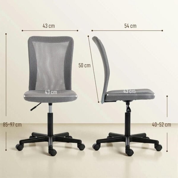 Computer Desk Chair, Mesh Office Chair with Adjustable Height and Swivel Wheels, Armless Study Chair, Grey