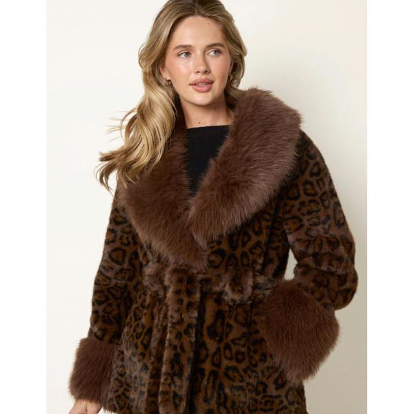 Blue Vanilla Leopard Plush Faux Fur Belted Coat