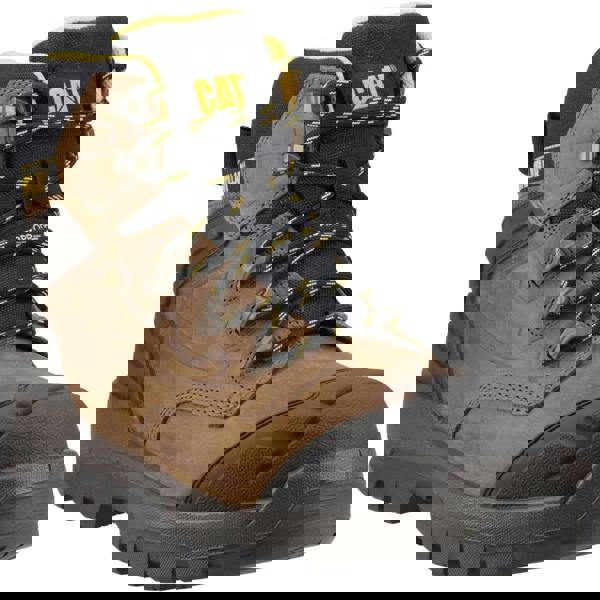 Caterpillar Striver XL 6" Mens Waterproof S7 Lace Up Safety Ankle Boots, rugged brown leather work boots with black and yellow laces, supportive ankle support, durable outsole, and safety features suitable for construction and industrial work.