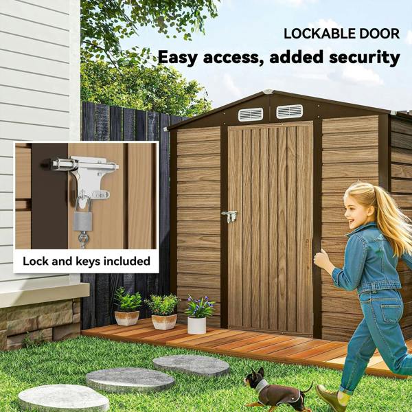 Oak metal garden shed with lockable door and key set shown in inset