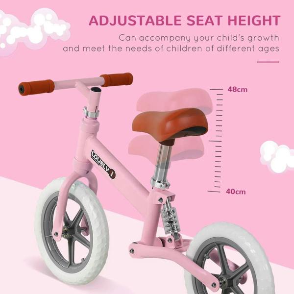 Pink kids balance bike with adjustable seat height and EVA tires for toddlers