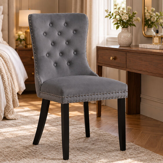Neo Direct Neo Set of Six Dark Grey Studded Velvet Dining Table Chair with Ring Knocker Detail
