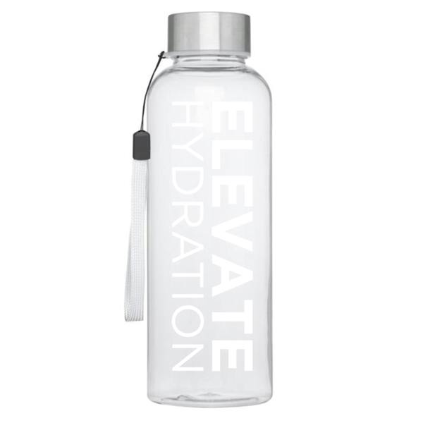 Clear water bottle with silver cap and tassel, featuring 'Elevate Hydration' text.