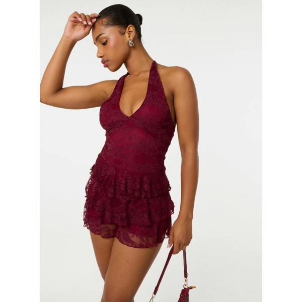 Pink Vanilla Lace Halterneck Tiered Mini Dress With Shorts