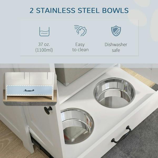 Two stainless steel raised dog bowls on a white feeding station with side hooks