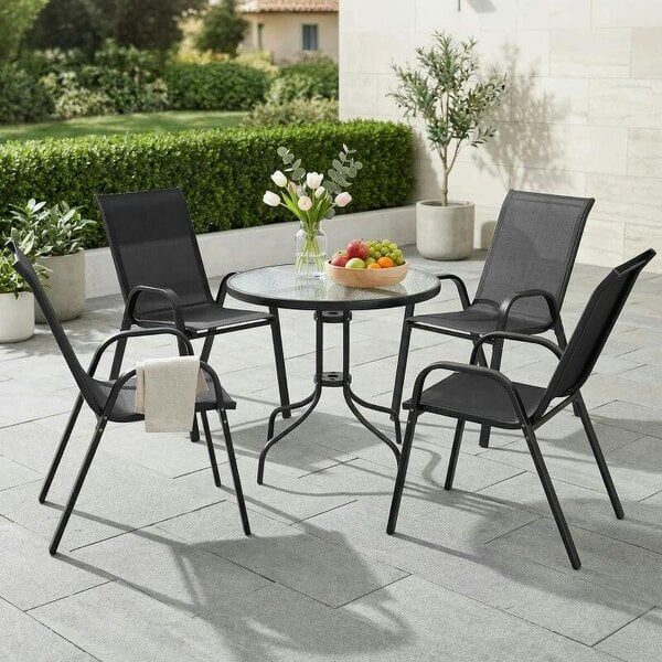Five-Piece Steel Patio Set, with Glass-Top Table - Black - Black