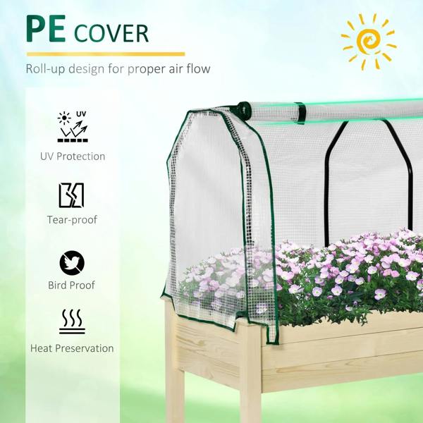 Raised planter box with white PE cover on green frame, pink flowers inside