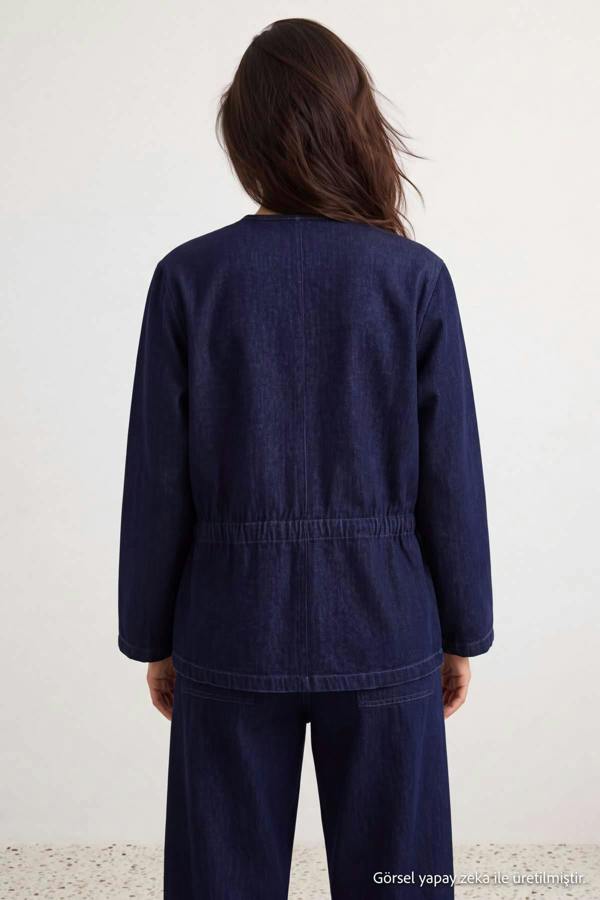 Crew Neck Drawstring Waist Denim Jacket