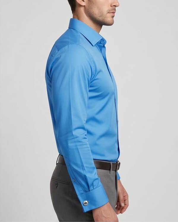Man wearing a blue dress shirt and gray pants on a light gray background