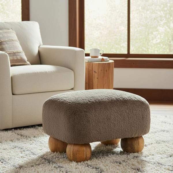 Artisan Furniture Solid Wood Mocha Faux Fur Nordic Footstool