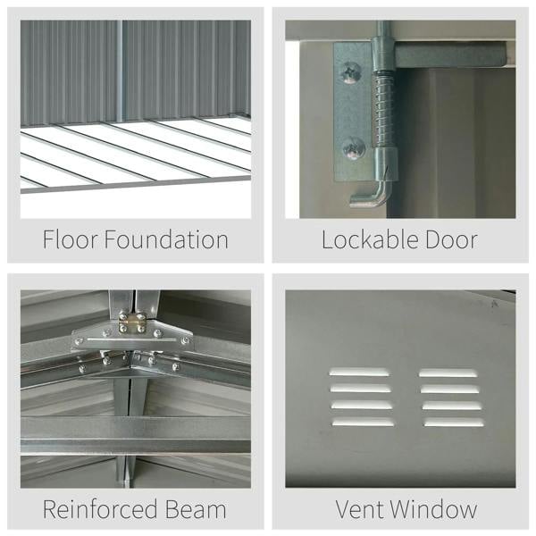 Grey metal shed features: lockable door, vent window, reinforced beams, and floor foundation