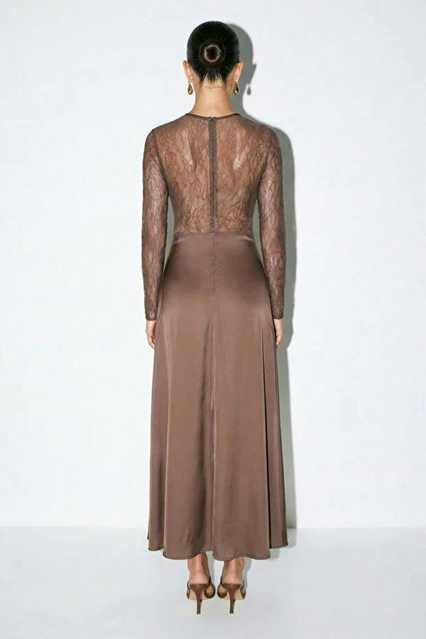 WOVCOR Satin Long Dress with Lace Details
