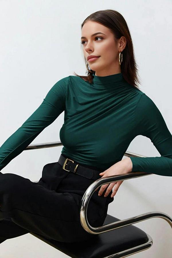 WOVCOR Draped High Neck Long Sleeve Blouse