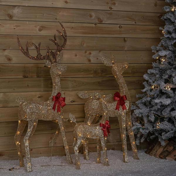 Samuel Alexander Set of 3 Gold Glitter Light Up Reindeer Family with 210 Warm White LEDs & Timer