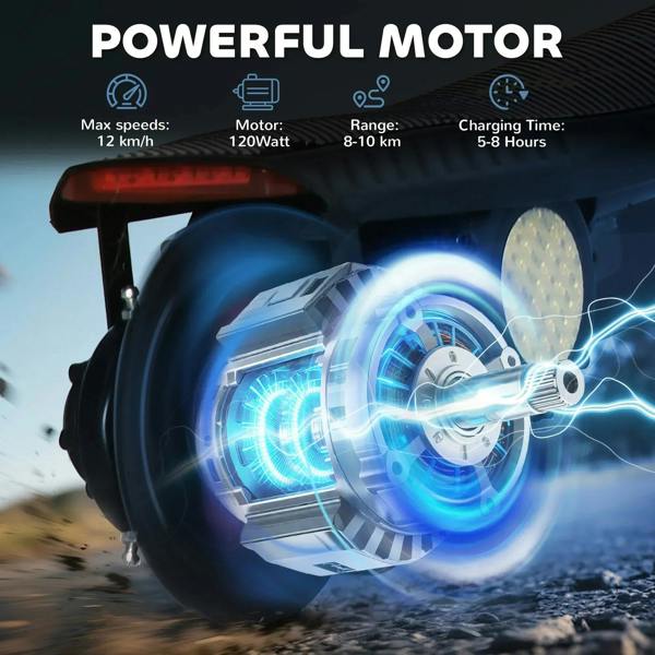 Black electric scooter front wheel and motor with bright LED headlight glow