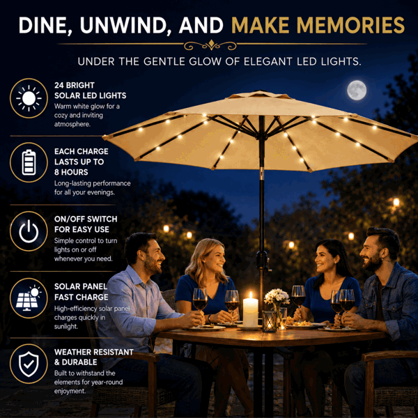 GlamHaus Garden Parasol Solar LED 2.7M ,Tilting Table Umbrella with Crank Handle, Protection UV40, Includes Parasol Cover- Sand