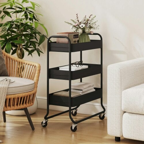 Wyld Haus Rakemi Metal Black 3 Tier Rolling Utility Trolley With Mesh Baskets
