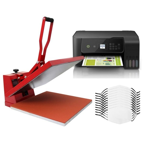 PixMax 10 Sublimation Face Masks, Clam 38cm Heat Press & Eco Tank Printer