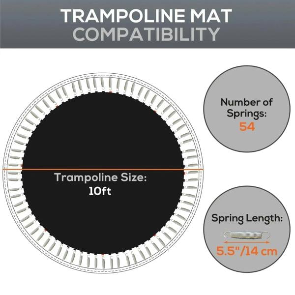 Black 10ft trampoline mat compatible with 54 springs, 5.5 in spring length