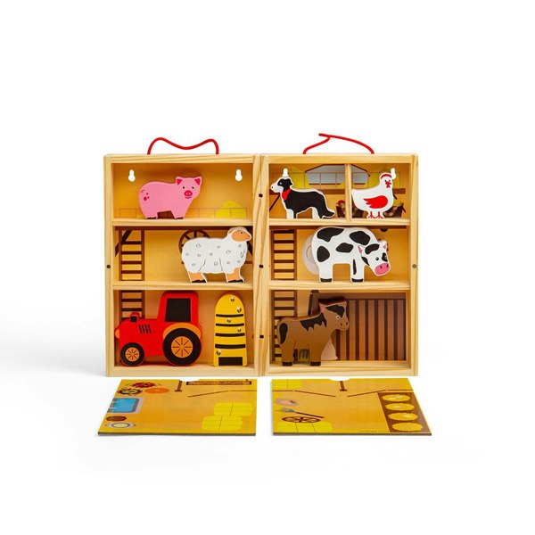 Bigjigs Toys Wooden Farm Play Box With 5 Farm Animals & 2 Fold-Out Play Mats