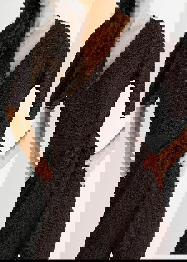 Gini London Chocolate Textured Jersey Wrap Wide Leg Jumpsuit