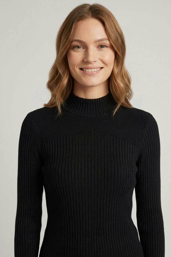 Black | Striped Texture High Neck Slim Knit Top
