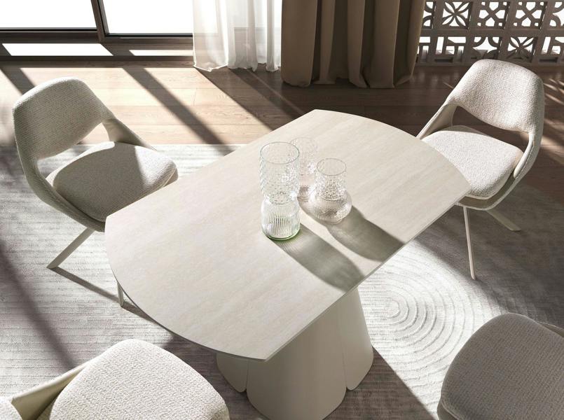 Angel Cerdá Extendable round dining table in porcelain marble and sand-coloured steel 1195