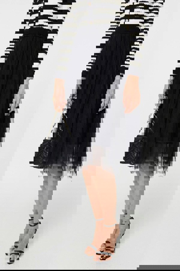 Black And White | 2-In-1 Dress With Striped Top & Midi Mesh Skirt
