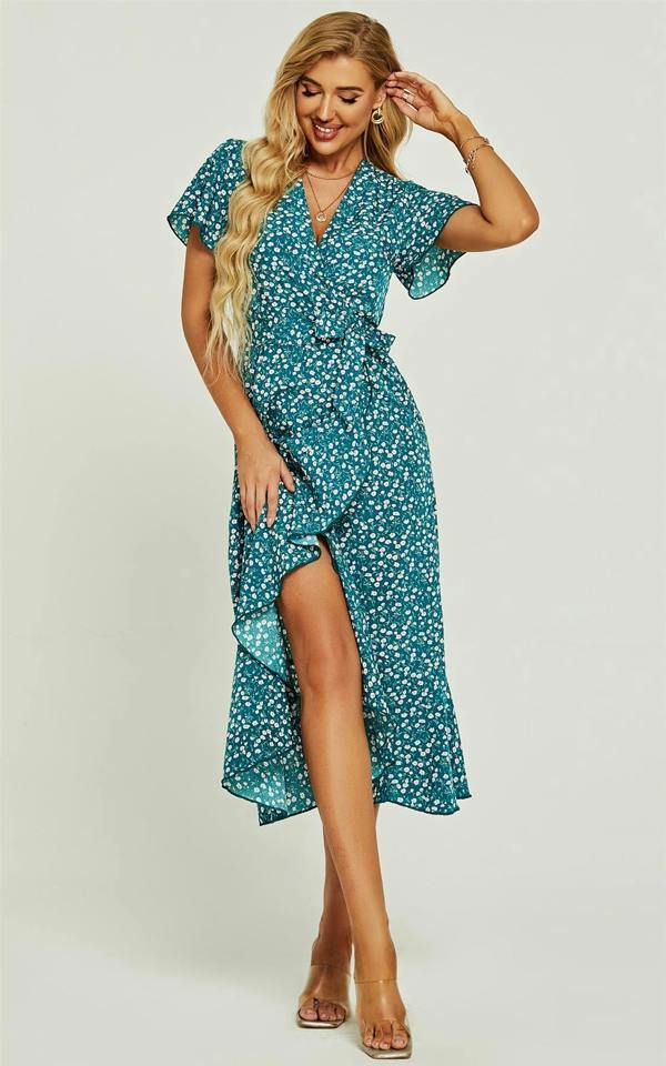FS Collection Angel Sleeve Wrap Midi Dress In Green Floral Print