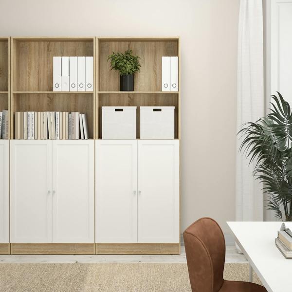 Furniture To Go Basic Tall Wide Combination Storage in Oak (4 Shelves) with 2 Doors in White