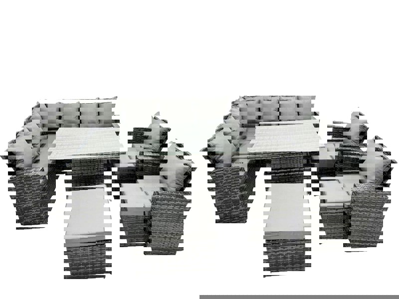 Fimous Poly Rattan Outdoor Patio Height Adjustable Rising Lifting Table Corner Sofa Set with 3 Stool,2 Chairs for Garden Backyard Dark Grey Mixed