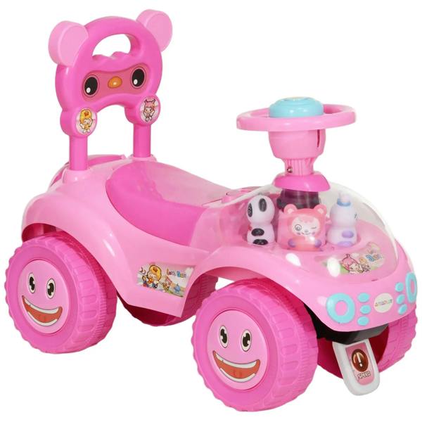 Pink ride-on toy car with smiling face, large wheels, and steering wheel details