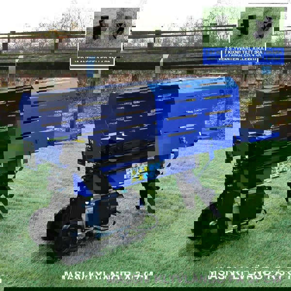 T-Mech 5T log splitter in vibrant blue, featuring a sturdy design, wheels for mobility, and a 370mm cutting length, set on grass