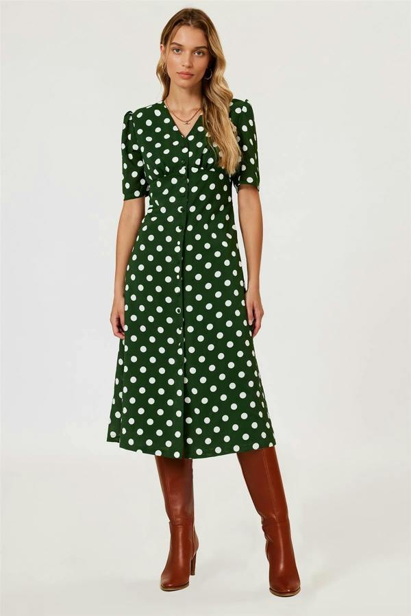 FS Collection Polka Dot Print Button Front Midi Dress In Green
