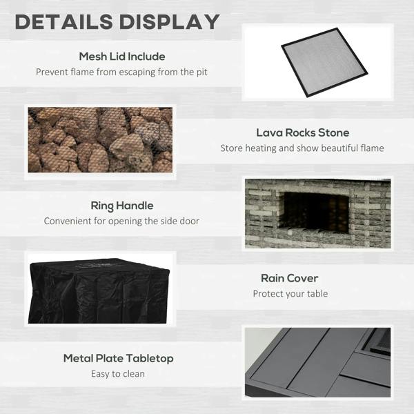 Gas fire pit table parts: mesh lid, lava rocks, rain cover, ring handle, metal tabletop