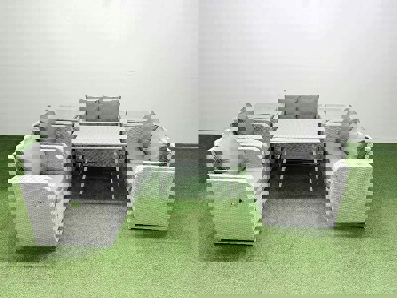 Fimous 6 Seater Rattan Garden Furniture Set Outdoor Love Sofa Set with Rectangular Dining Table 2 Side Tables Light Grey