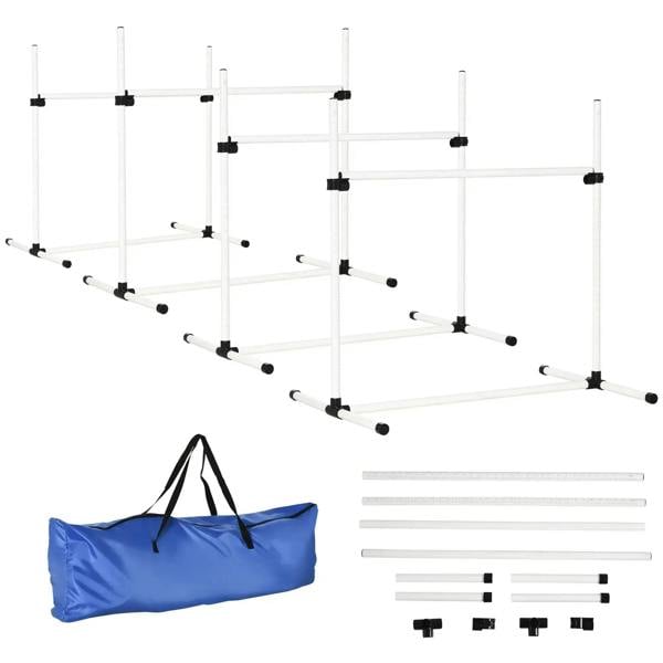 White adjustable dog agility jump hurdle set with carry bag, four-piece training equipment